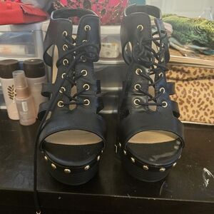 Black lace up wedges